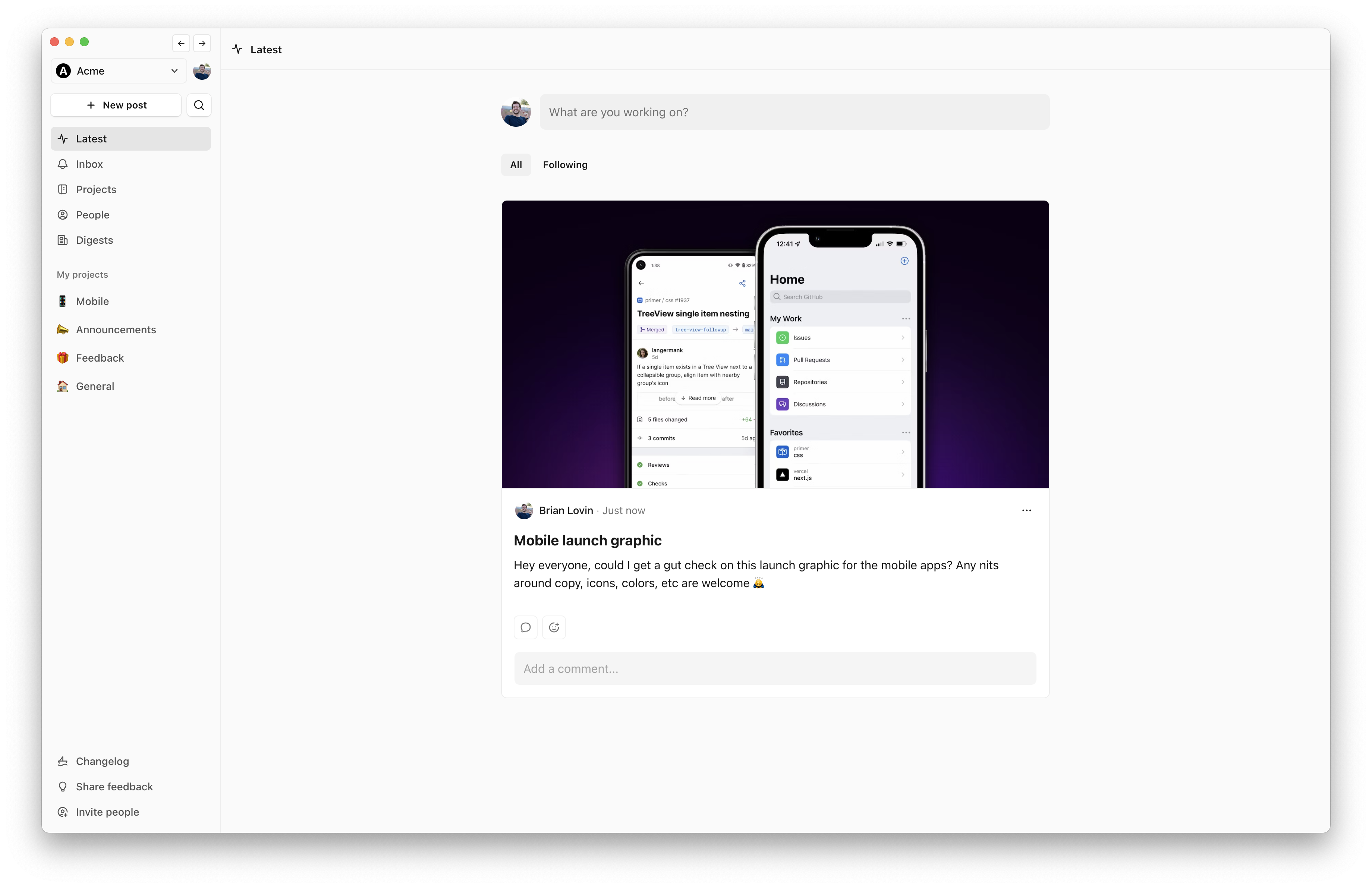 Screenshot of Campsite feed running in the Desktop app